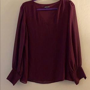 NWOT Express Burgundy Sheer Sleeve V neck Top